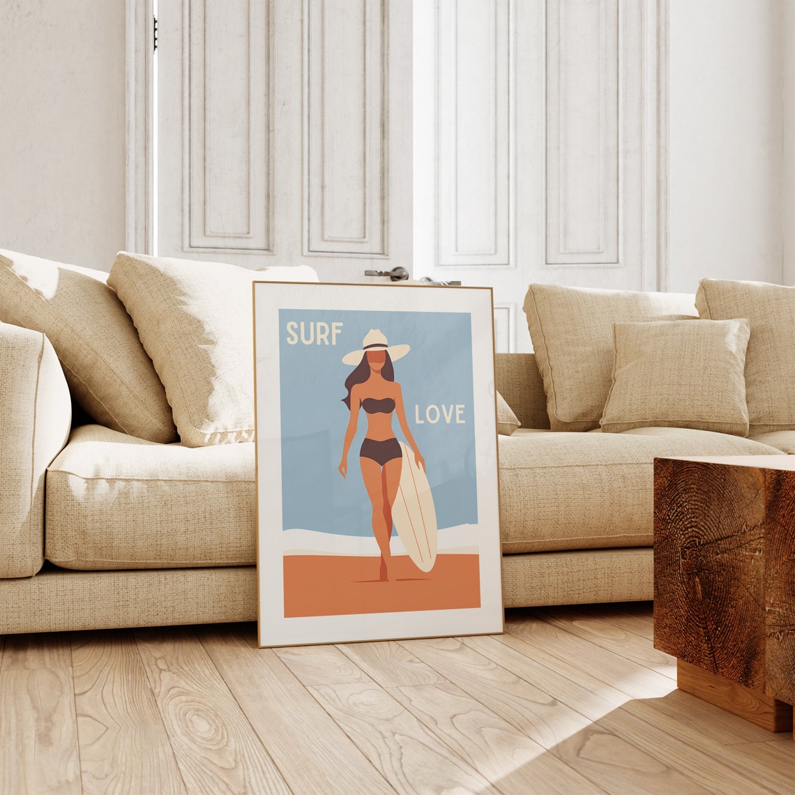 Surf Love Retro Beach Art Poster with Surfer Girl in Brown Bikini - Image 5