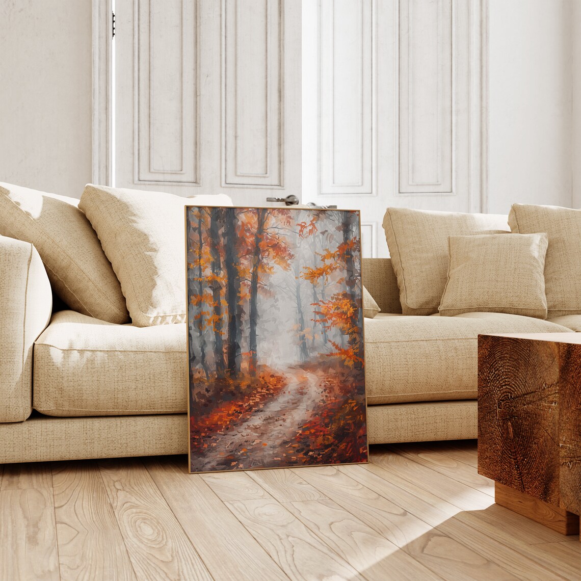 Misty Autumn Forest Path Orange Foliage Moody Landscape Poster - Image 2