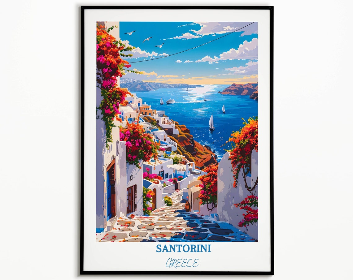 Santorini Whitewashed Alley with Bougainvillea and Caldera Poster