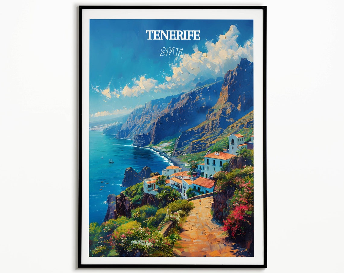 Tenerife Travel Print Los Gigantes Cliffs Travel Poster Of Tenerife Canary Islands Tenerife Art Lovers Gift Wall Art Print