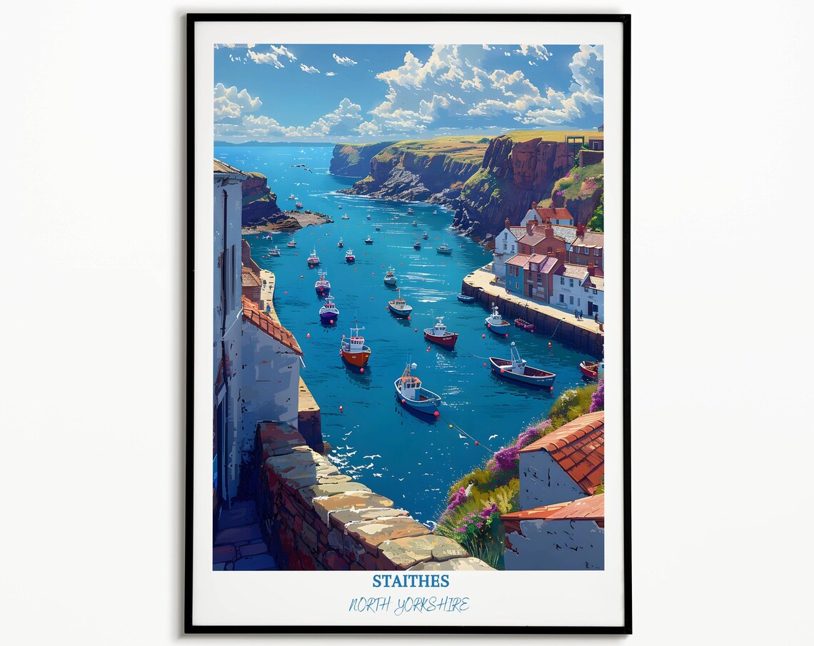 Staithes North Yorkshire Harbour Fishing Boats England Travel Poster