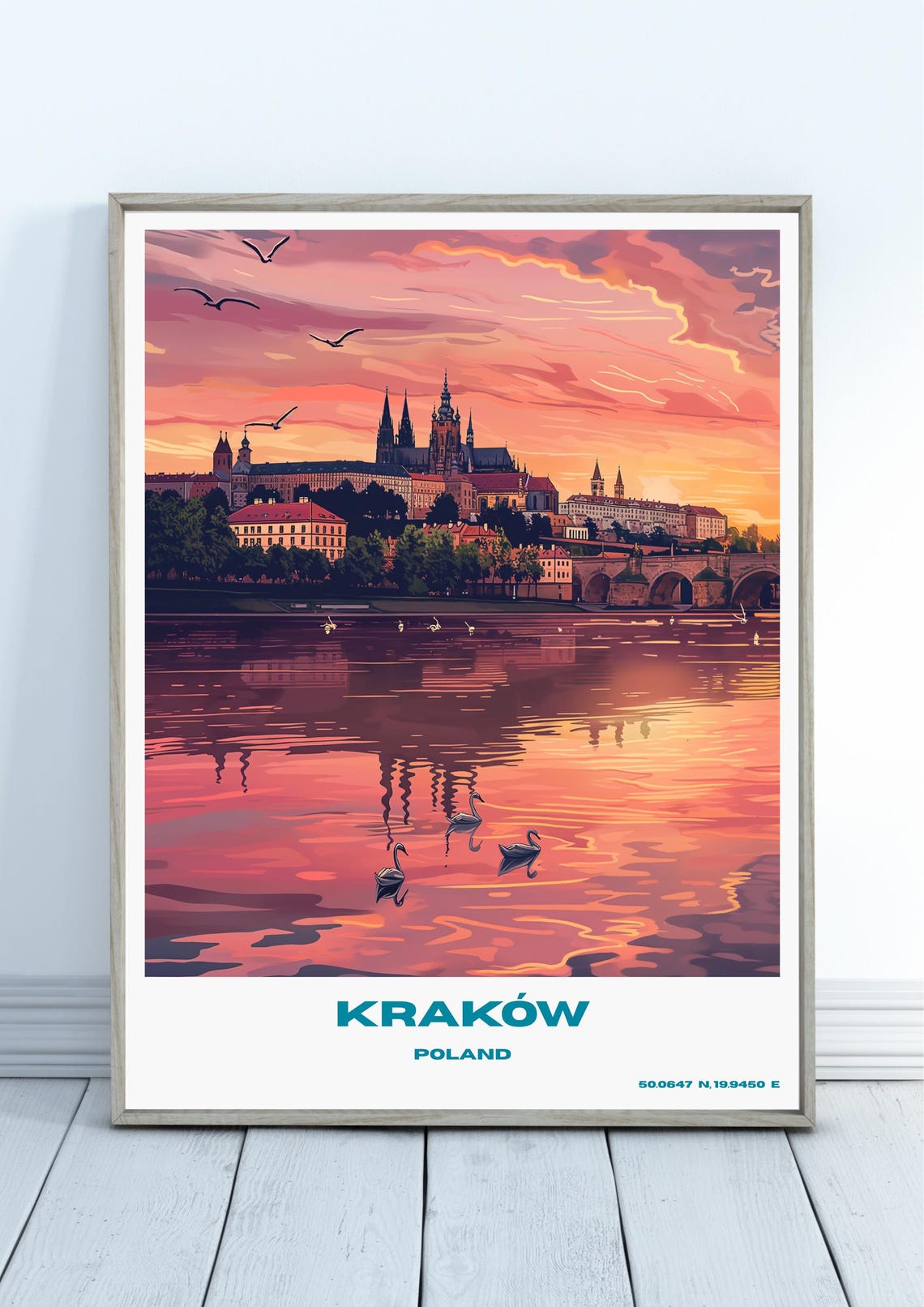 Kraków Sunset River Travel Poster with Cathedral Skyline and Swans