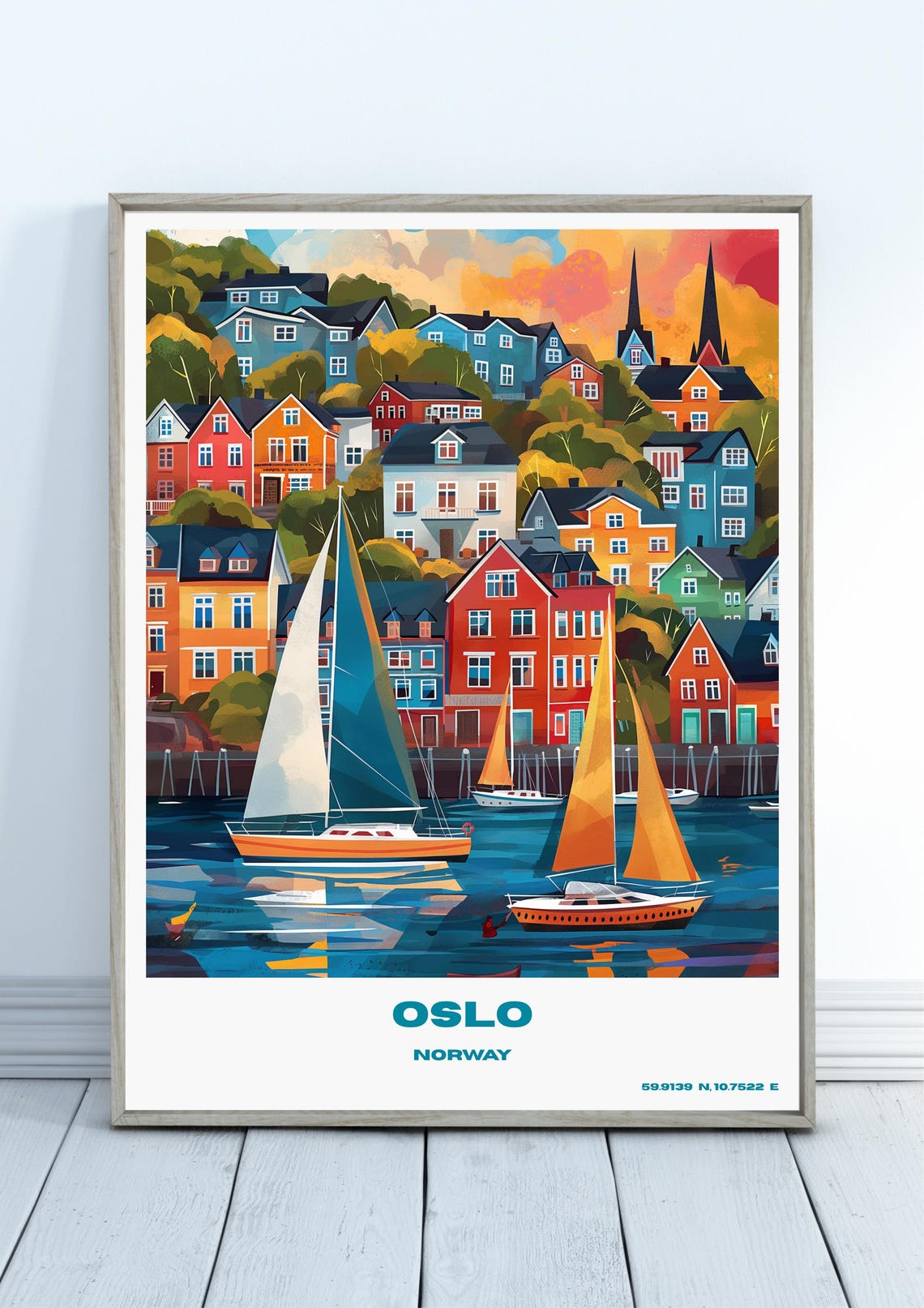 Oslo Norway Colorful Harbor Sailboats Illustrated Travel Poster