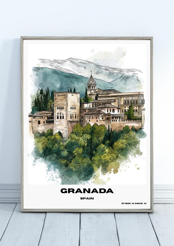 Granada Watercolour Poster Travel Print Wall Art Cityscape Painting Souvenir Spain Decor