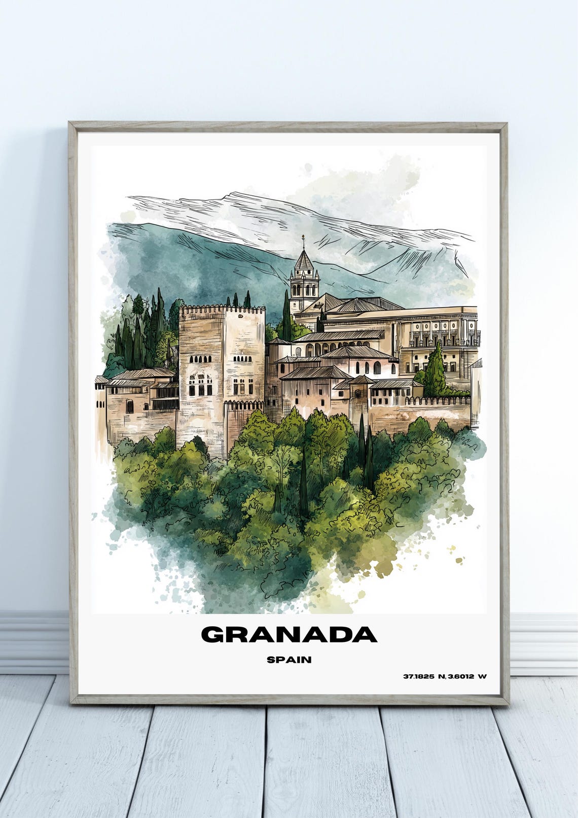 Historic Granada Spain Watercolor Palace Landmark Travel Poster