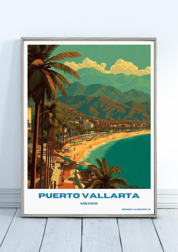 Puerto Vallarta Mexico Beach Poster with Palm Promenade and Mountains