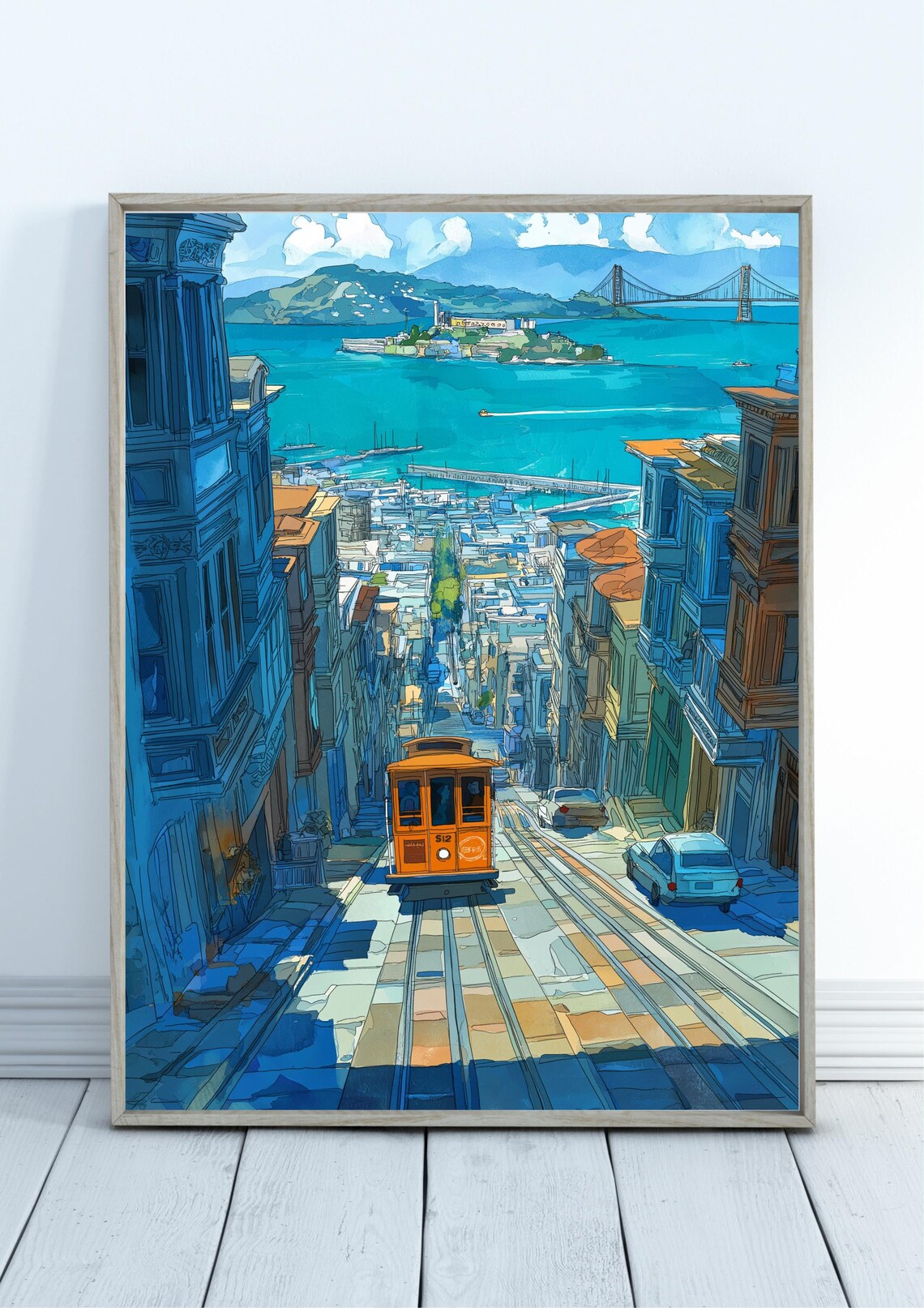 San Francisco Steep Street Cable Car Golden Gate View Illustrated Poster