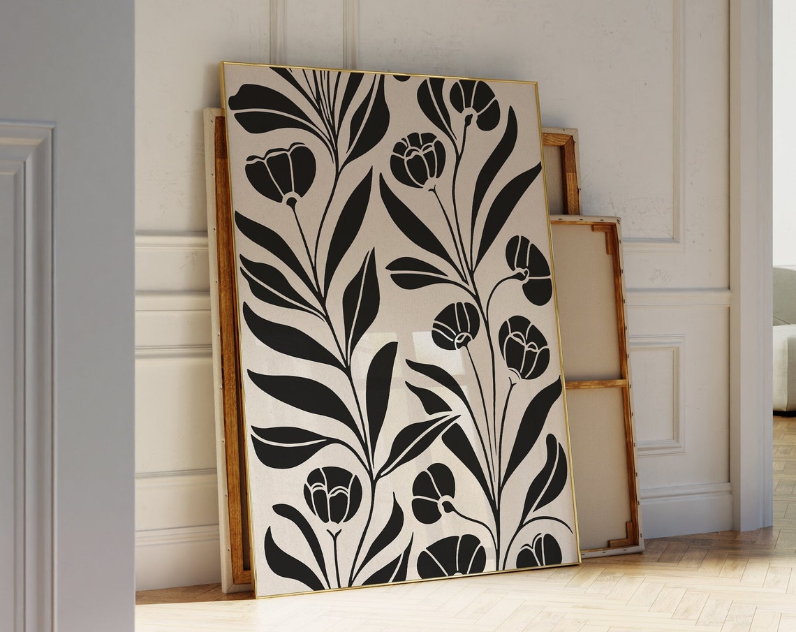 Black Floral Leaf Pattern Cream Scandinavian Botanical Poster