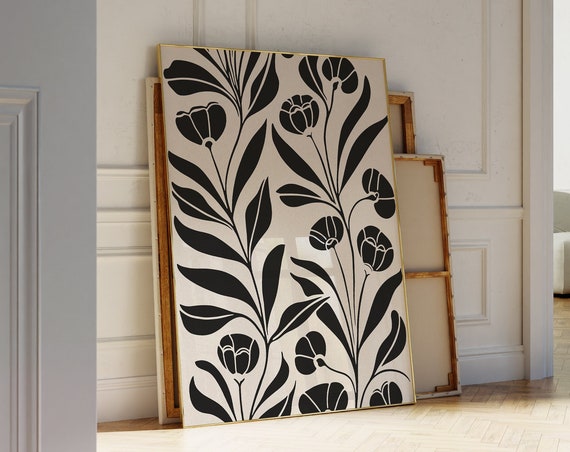 Monochrome Floral Print Bw Moody Botanical Wall Art Minimalist Scandinavian Decor Neutral Organic Shapes Poster