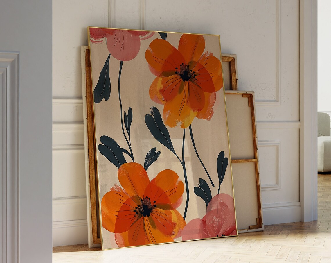 Boho Abstract Orange Flowers Pink Blossom Minimalist Floral Wall Art