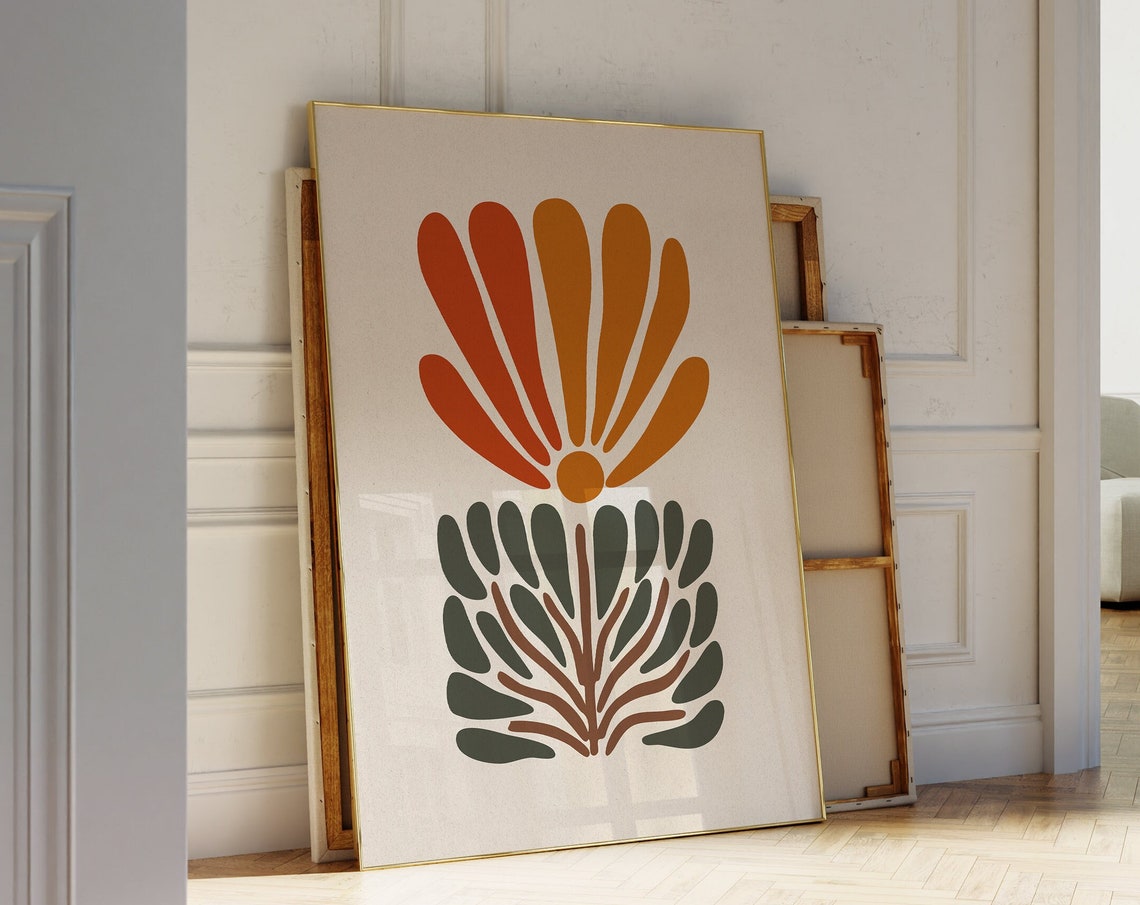 Retro Abstract Flower Artwork Burnt Orange Minimalist Botanical Poster