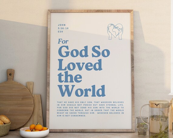 For God So Loved the World John 3 16 18 Blue Retro Bible Verse Kitchen Poster