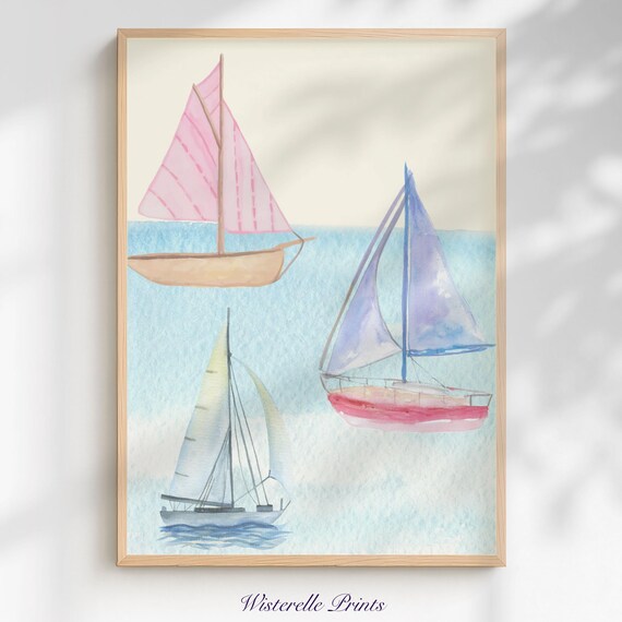 Three Watercolor Sailboats Pink Blue Sails Nautical Art Poster