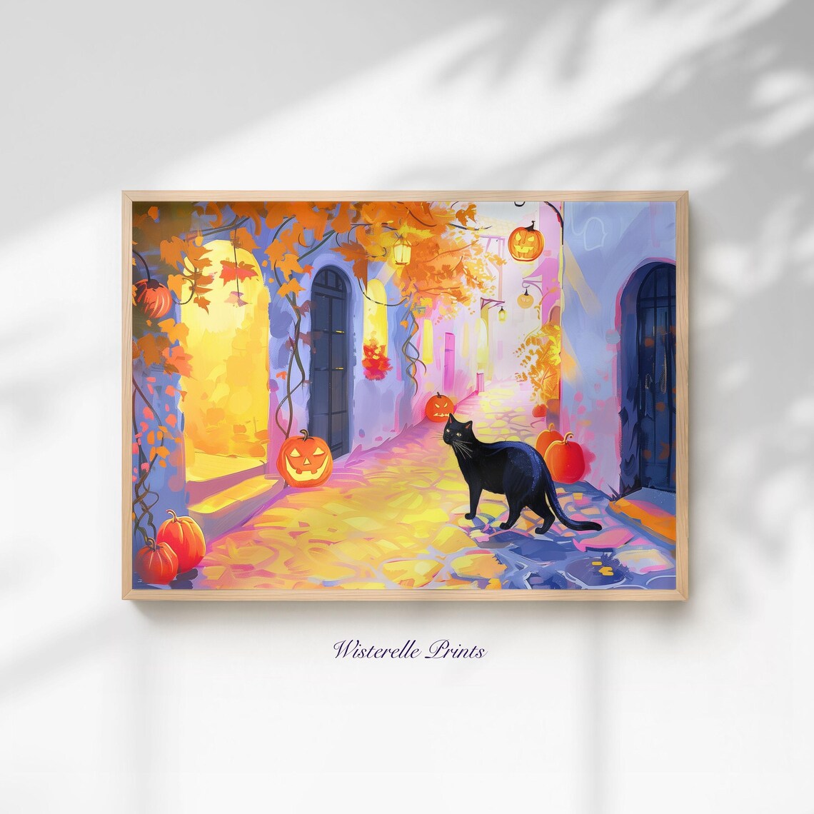 Pastel Halloween Black Cat Autumn Alleyway Art Print