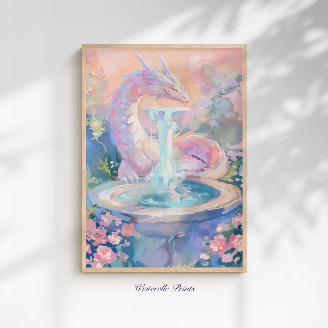 Dragon Pastel Pink Fountain Print Wall Art Fantasy Lover Gift Nursery Decor Dorm