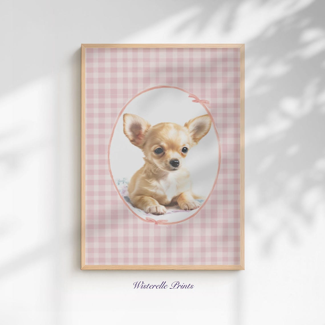 Chihuahua Puppy Oval Frame Pink Gingham Nursery Dog Art Poster