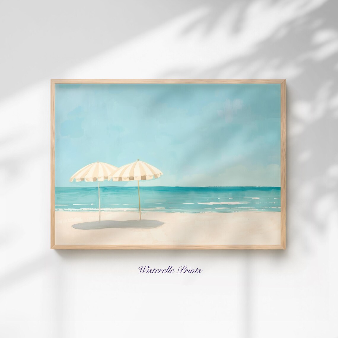 Blue Beach Umbrellas Poster Print, Pastel Coastal Art