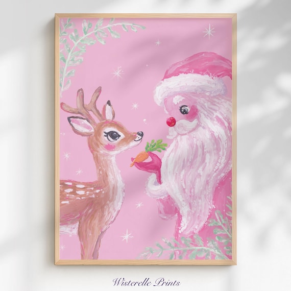 Santa Claus Feeding Carrot to Deer Pink Christmas Scene Poster