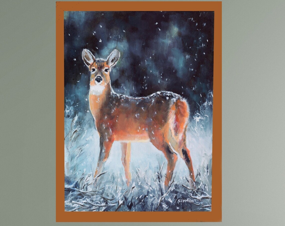 Female Deer Standing in a Snowy Winter Forest at Night Poster - Image 4