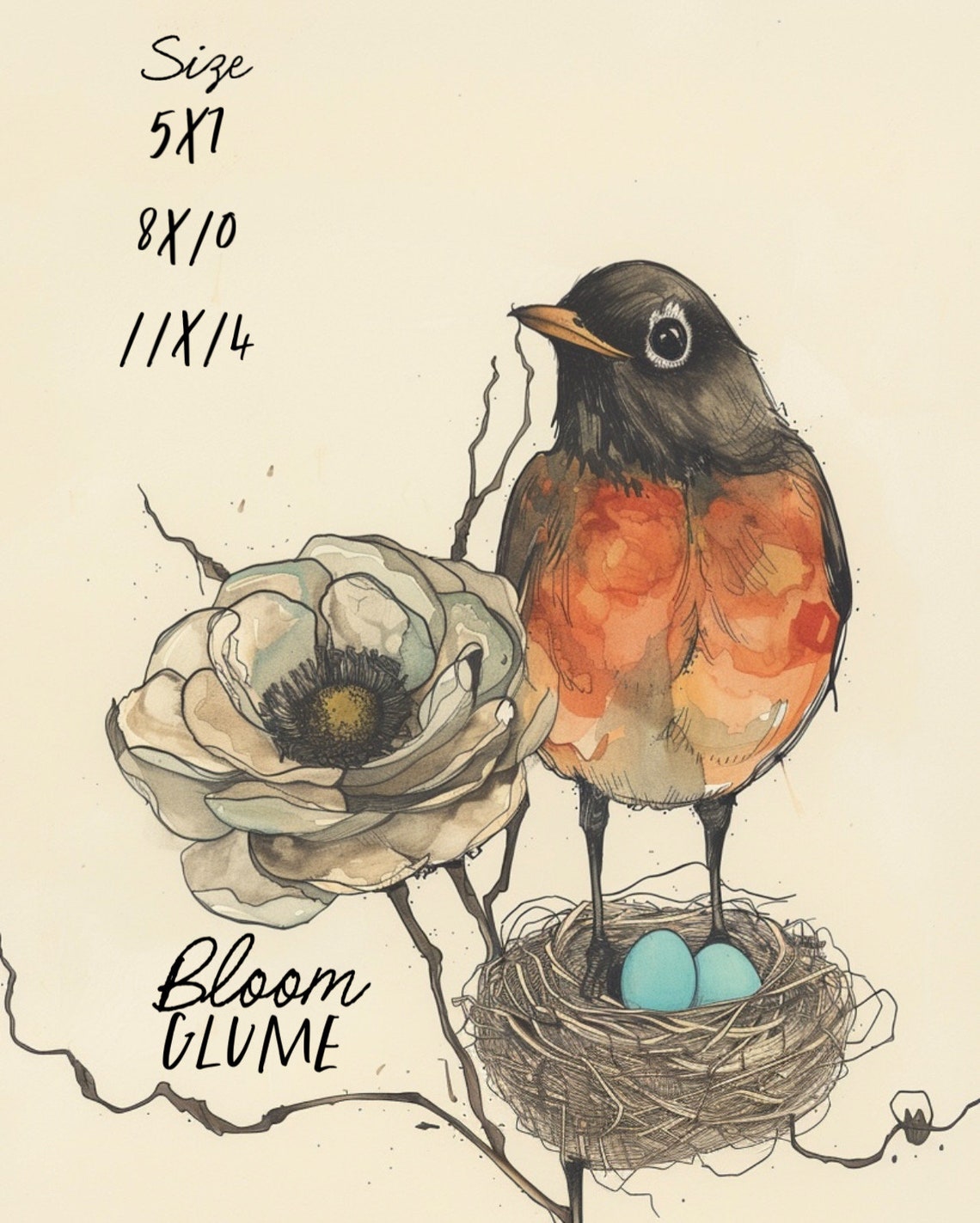 American Robin With Nest Blue Eggs Watercolor Bird Art Print - Image 2