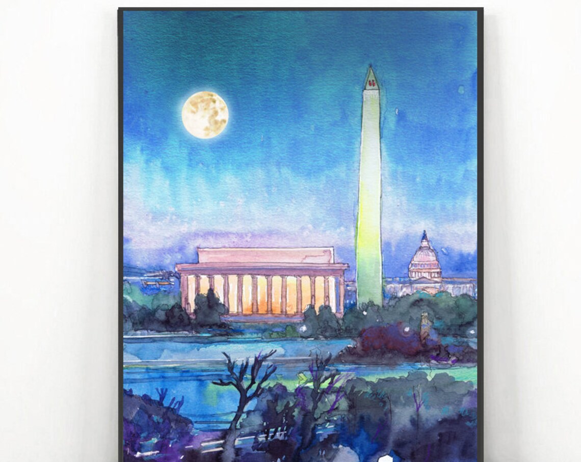 Washington DC Night Skyline Watercolor Travel Poster