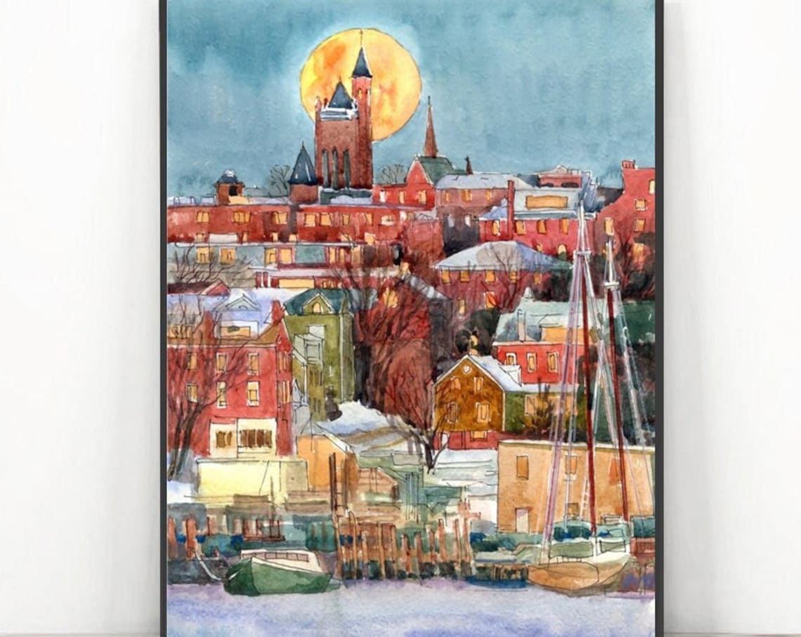 Portland Maine Watercolor Travel Poster, Cityscape