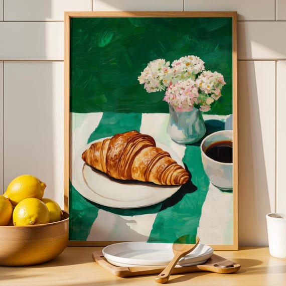 Croissant Coffee Print Emerald Green Kitchen Art