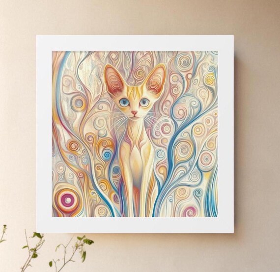 Blue Eyed Cat Swirl Pattern Whimsical Feline Fantasy Art Poster