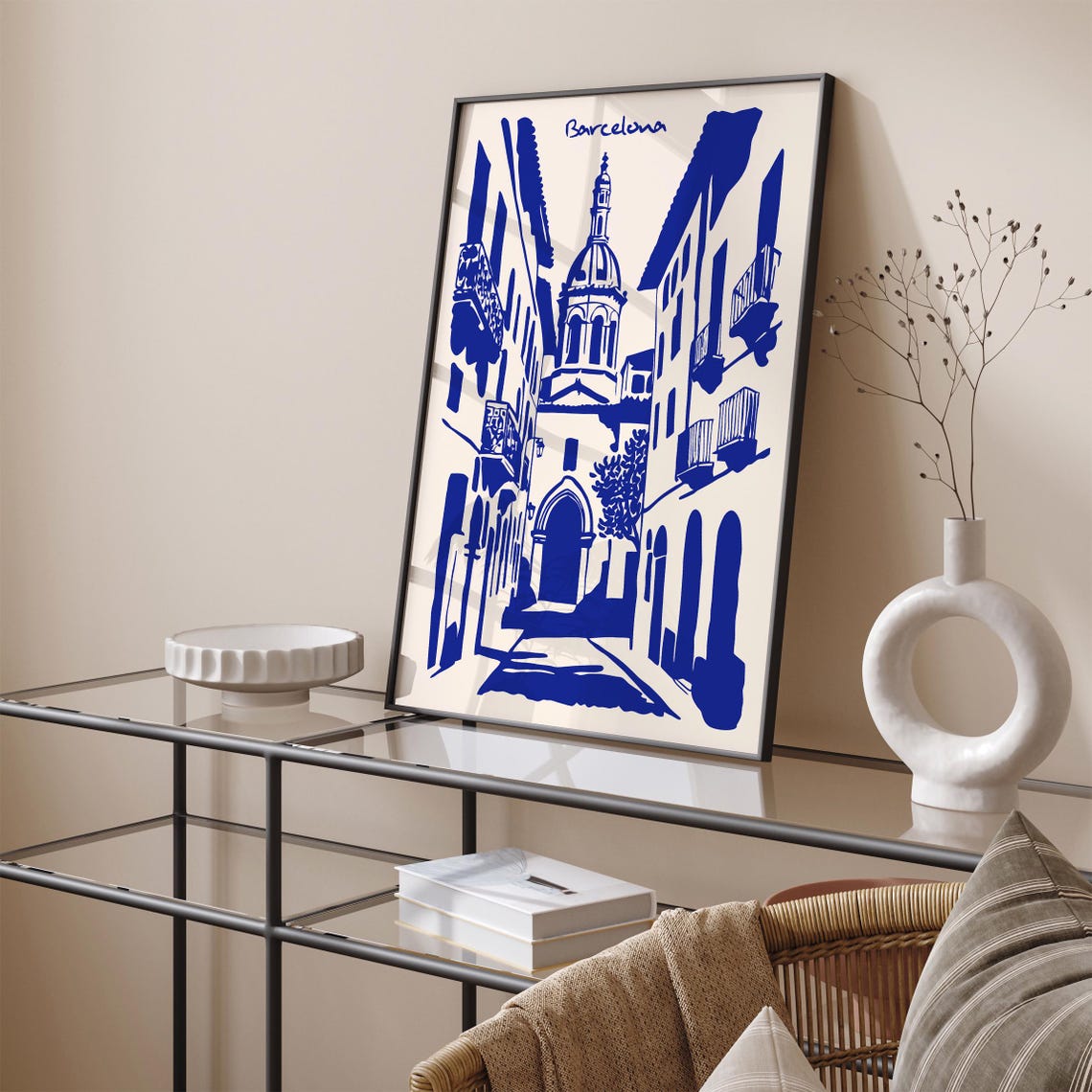 Barcelona Blue Ink Street With Domed Church Architecture Poster - Image 5