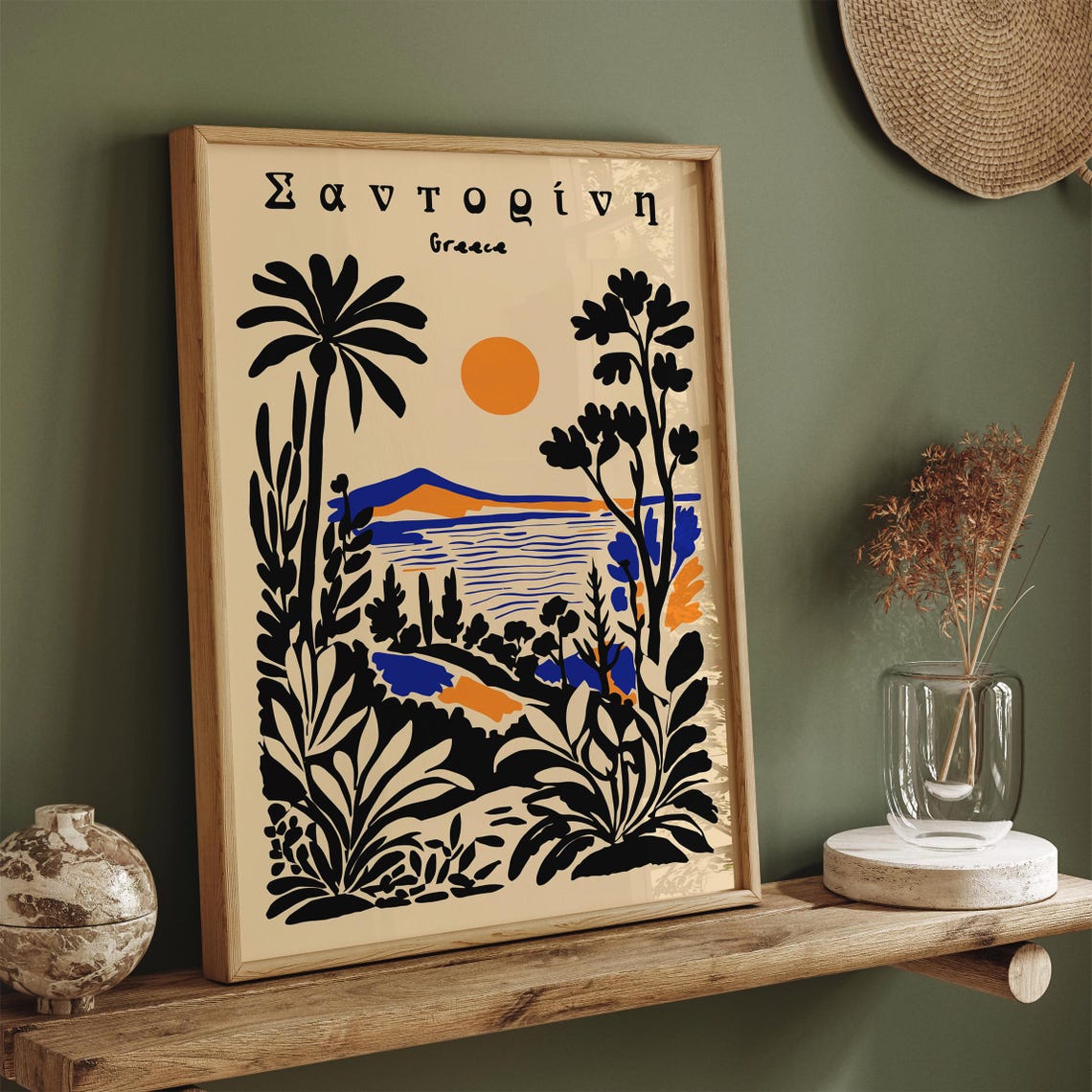 Santorini Greece Island Sunset Sea Silhouette Vintage Travel Poster