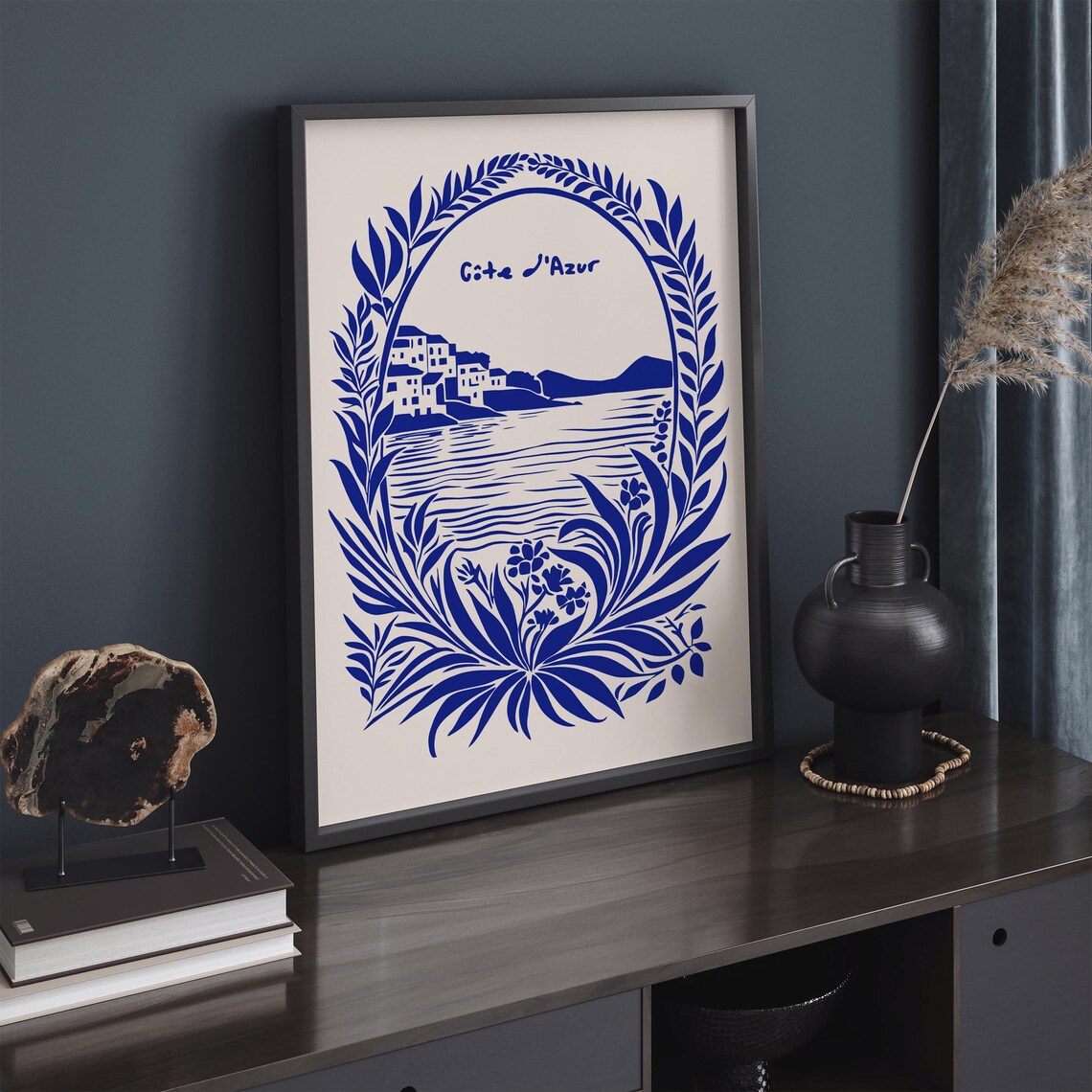 Cote d'Azur Indigo Blue Coastal Village Laurel Wreath Poster - Image 3