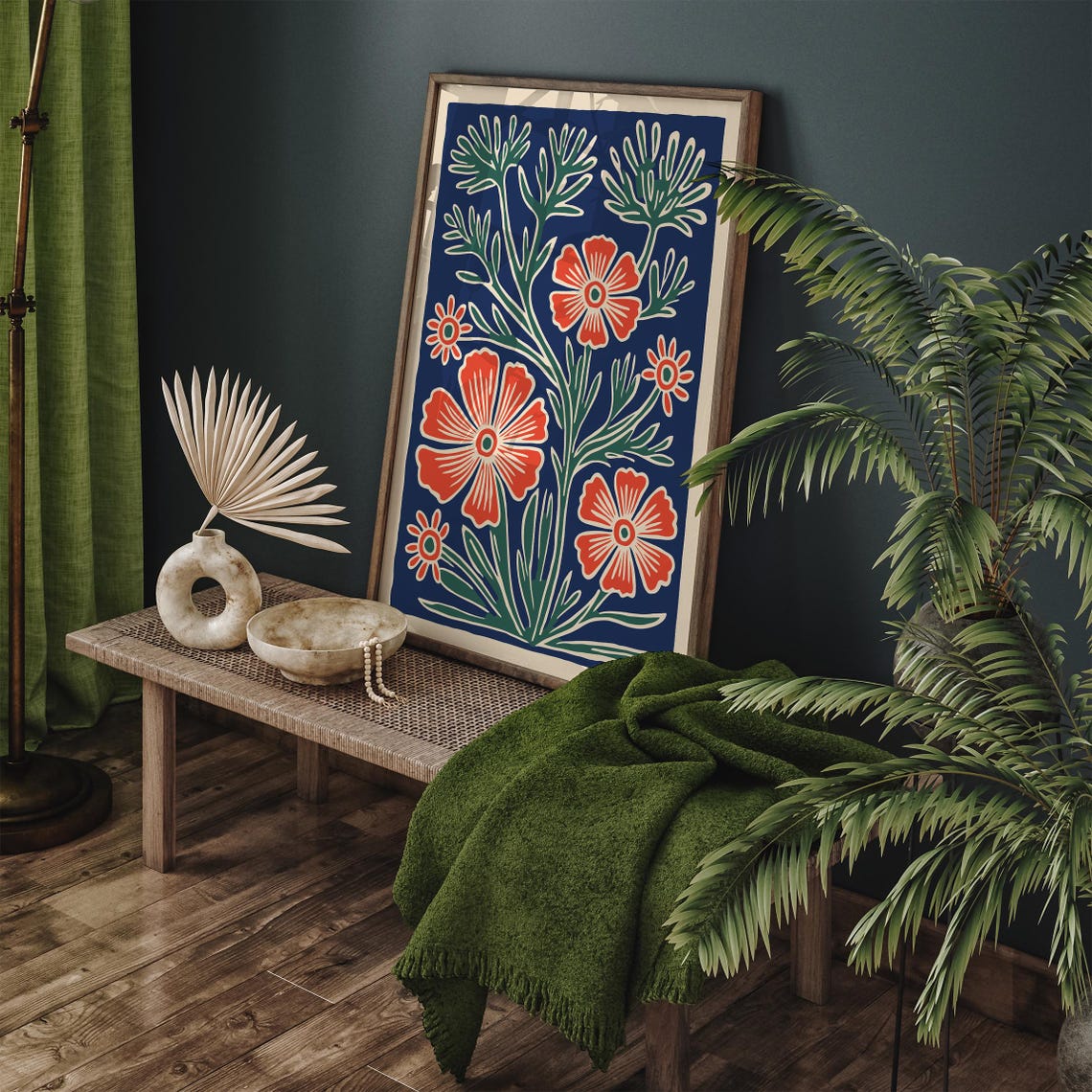 Coral Flower Bouquet on Navy Background Folk Art Botanical Poster - Image 3