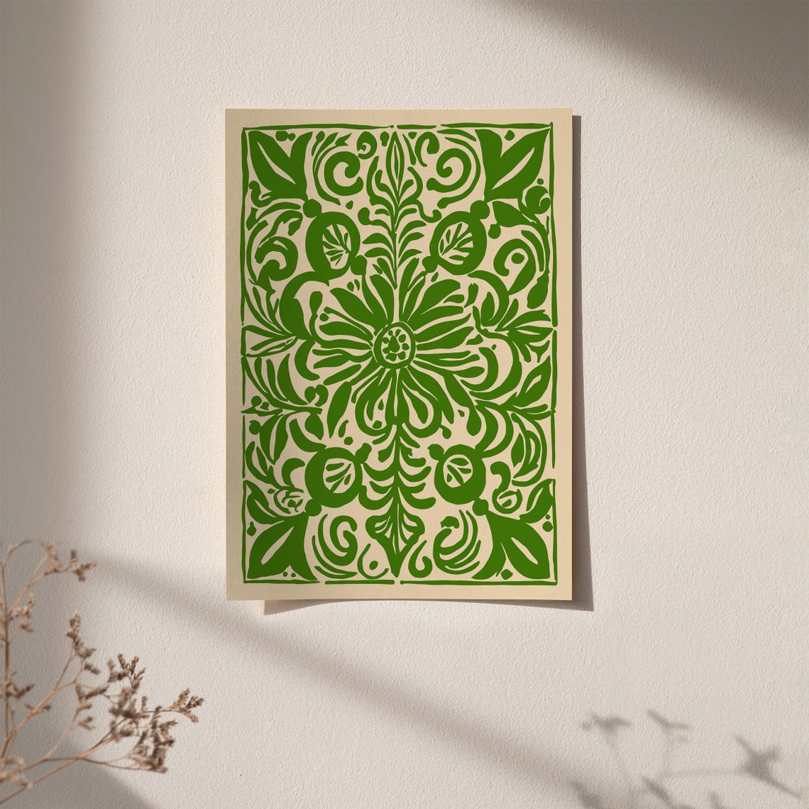 Green Symmetrical Folk Floral Ornamental Pattern Wall Poster - Image 4