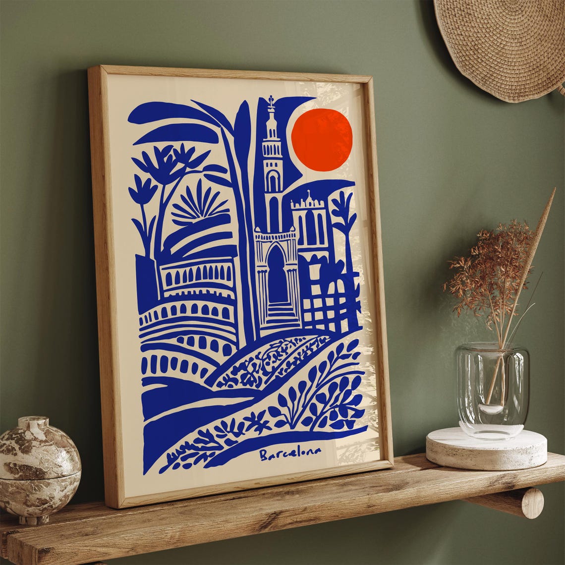 Barcelona Blue Indigo Architecture Red Sun Abstract Art Poster - Image 5