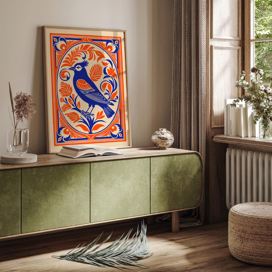 Blue Bird in Orange Rococo Oval Frame Folk Bird Vintage Poster - Image 5