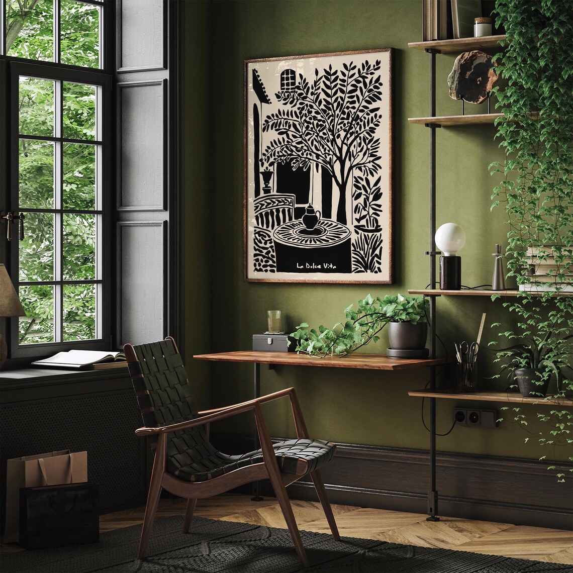La Dolce Vita Italian Garden Courtyard Black Beige Art Poster - Image 4
