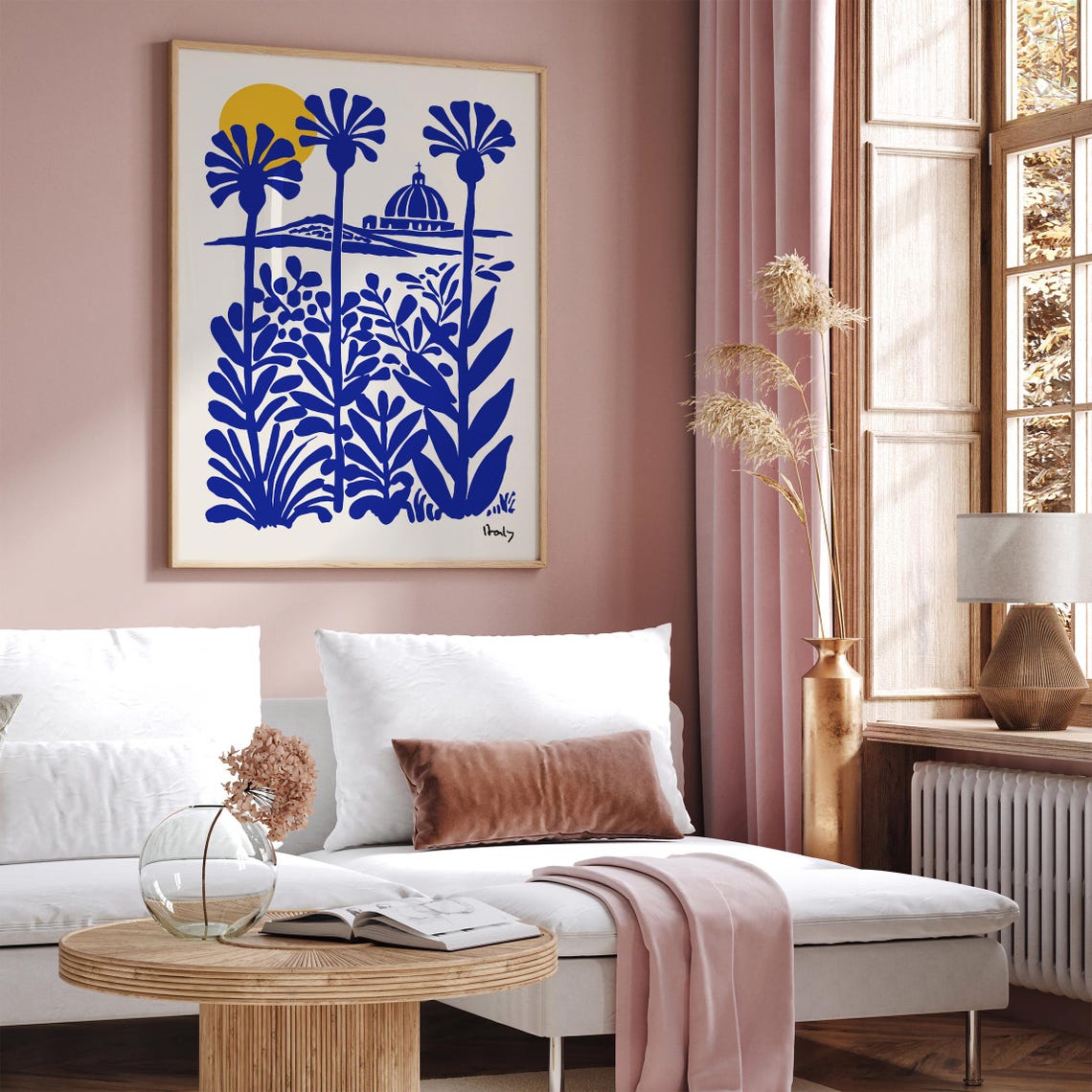 Blue Botanical Italian Coast Poster With Dome And Golden Sun - Image 3