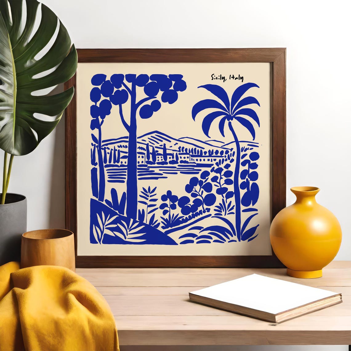 Sicily Italy Blue Ink Palm Landscape Linocut Travel Wall Poster - Image 3