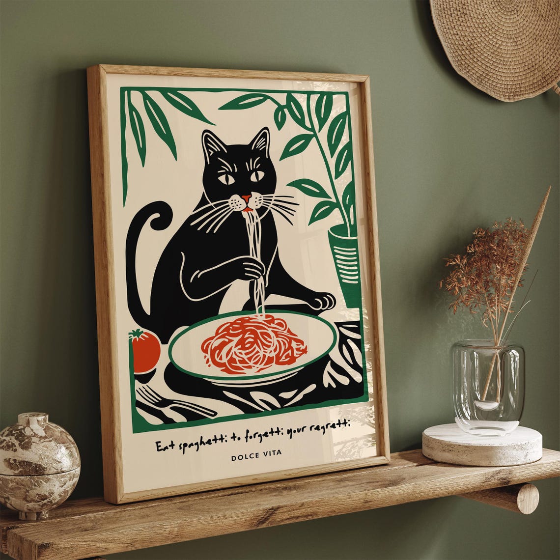 Black Cat Eating Spaghetti Forgetti Your Regretti Dolce Vita Poster