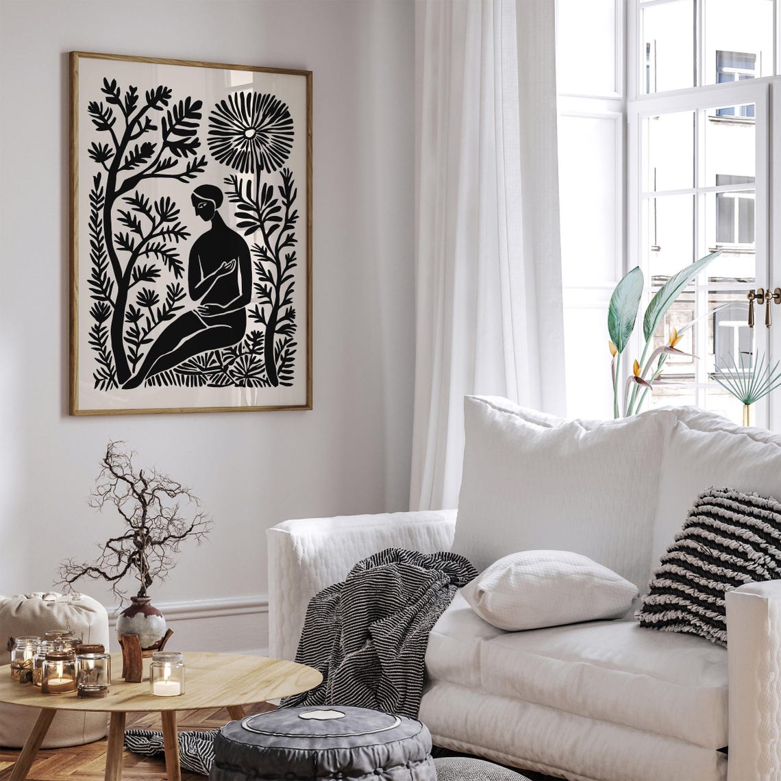 Black White Botanical Harmony Seated Woman Among Plants Linocut Poster - Image 4