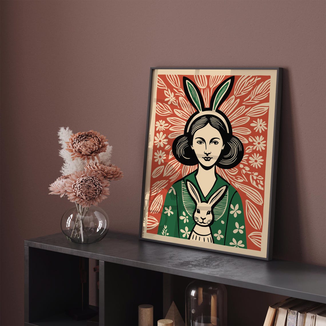 Whimsical Bunny Girl Vintage Linocut Style Animal Illustration Poster - Image 4