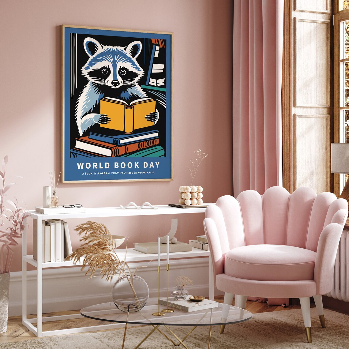 World Book Day Raccoon Reading Books Literary Quote Art Poster - Image 4
