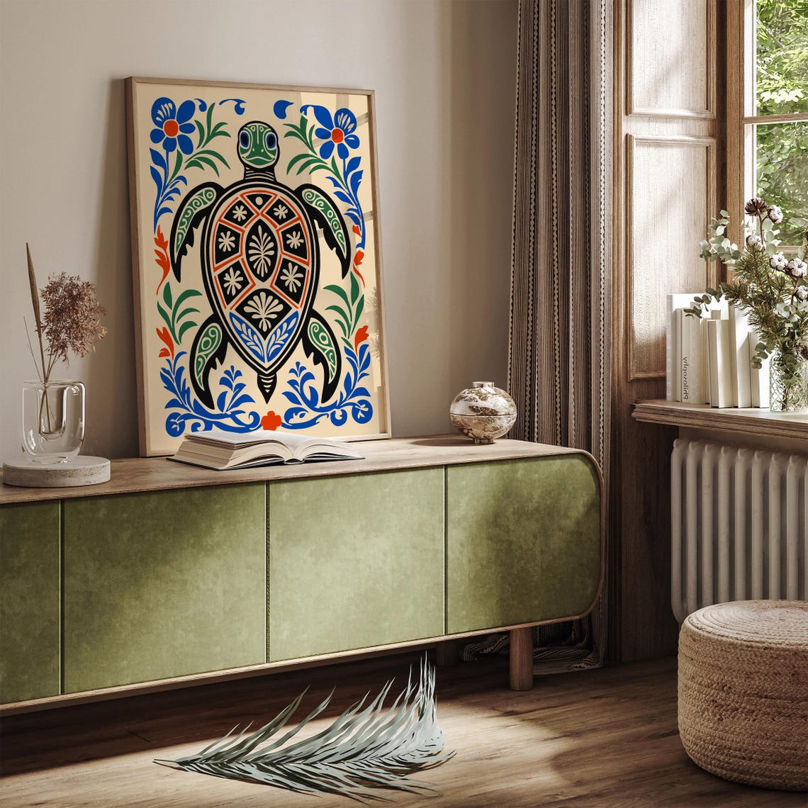 Folk Art Sea Turtle Floral Coastal Ocean Illustration Poster - Image 2