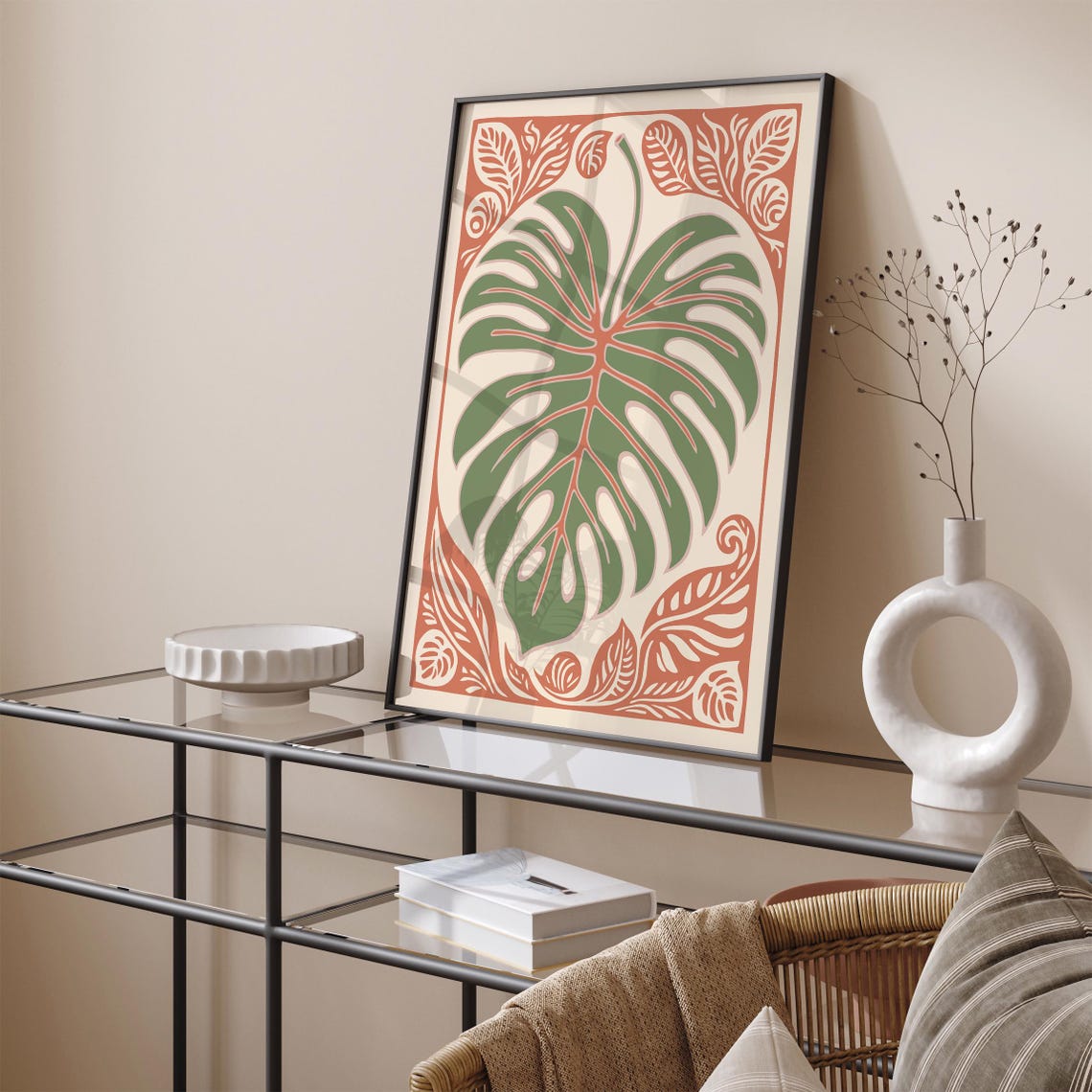 Green Monstera Leaf Linocut Tropical Botanical Terracotta Art Poster - Image 5