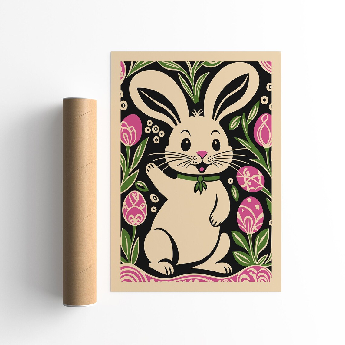 Cute Easter Bunny Pink Tulip Floral Whimsical Nursery Wall Decor Poster