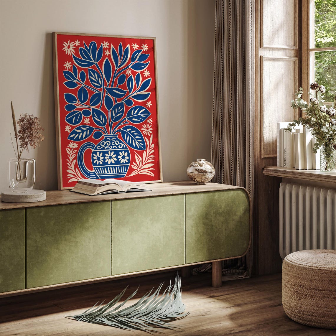 Bold Red Floral Bouquet Paper Cut Botanical Blue Vase Poster - Image 2