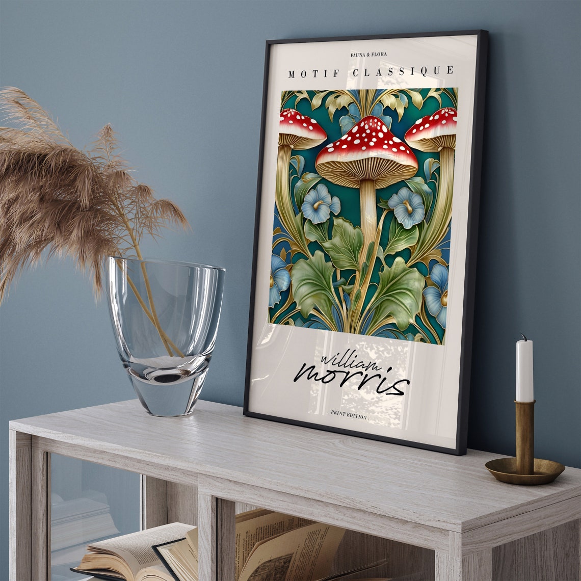 William Morris Motif Classique Red Mushroom And Blue Floral Poster - Image 3