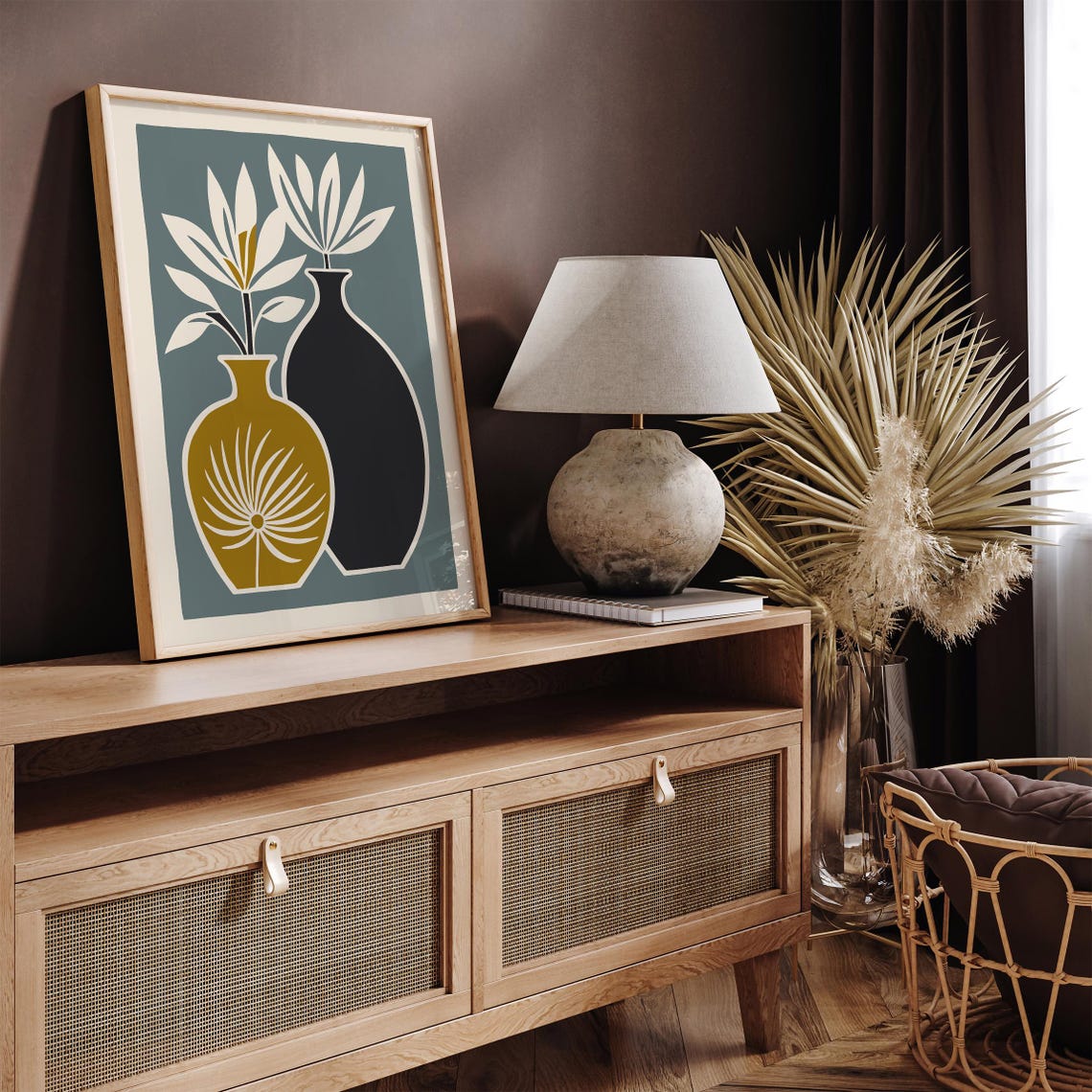 Scandinavian Minimalist Mustard and Black Vases Botanical Poster - Image 3