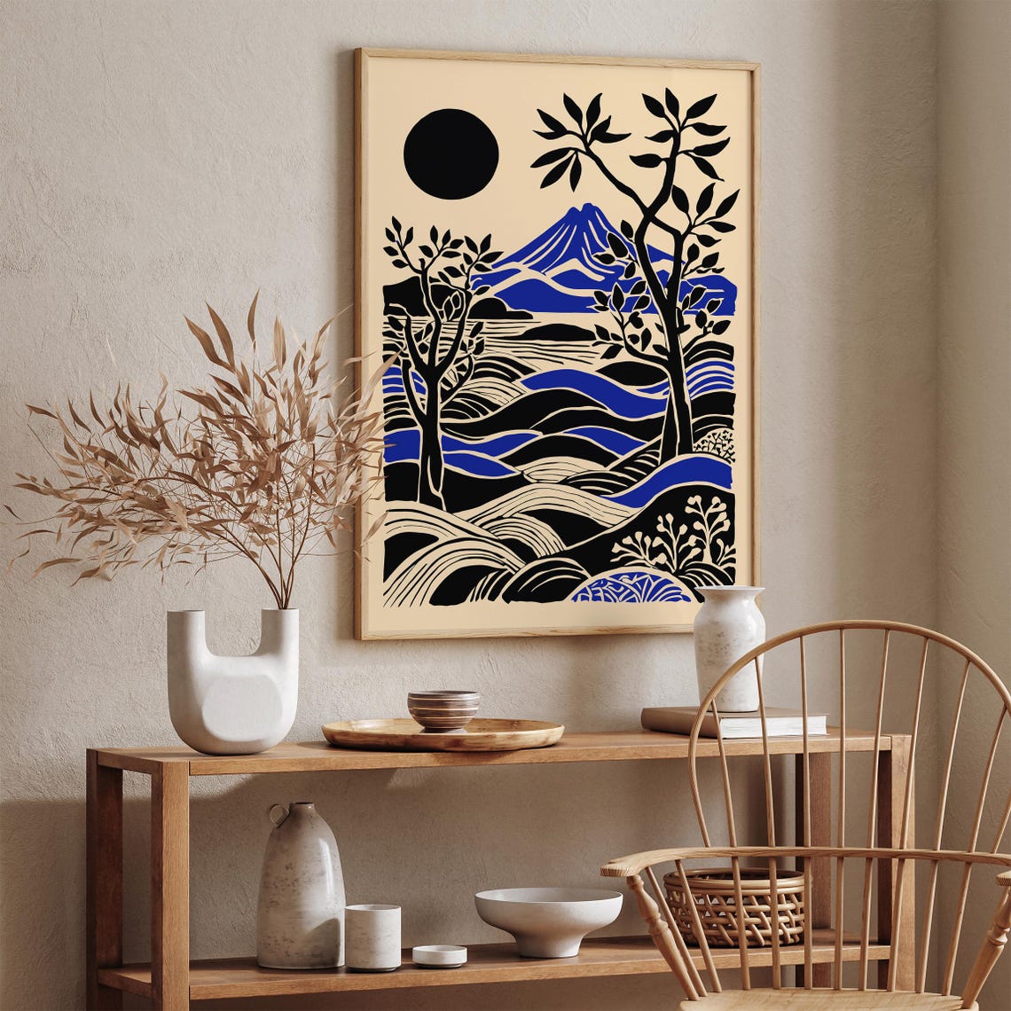 Mount Etna Sicily Blue Volcano Night Linocut Landscape Art Poster - Image 2