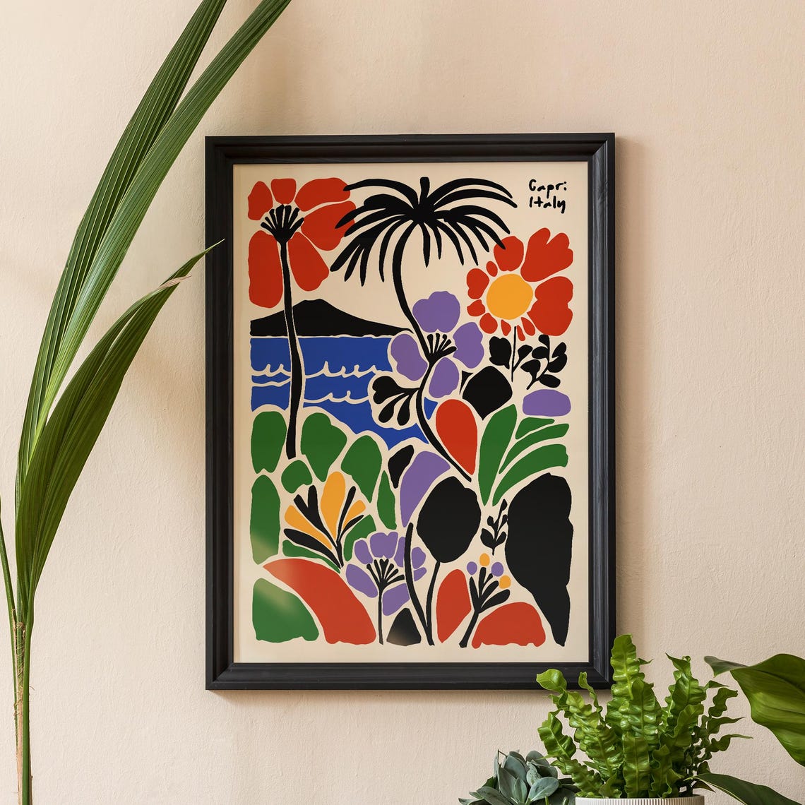 Capri Italy Tropical Palm with Bold Red Flowers Coastal Poster